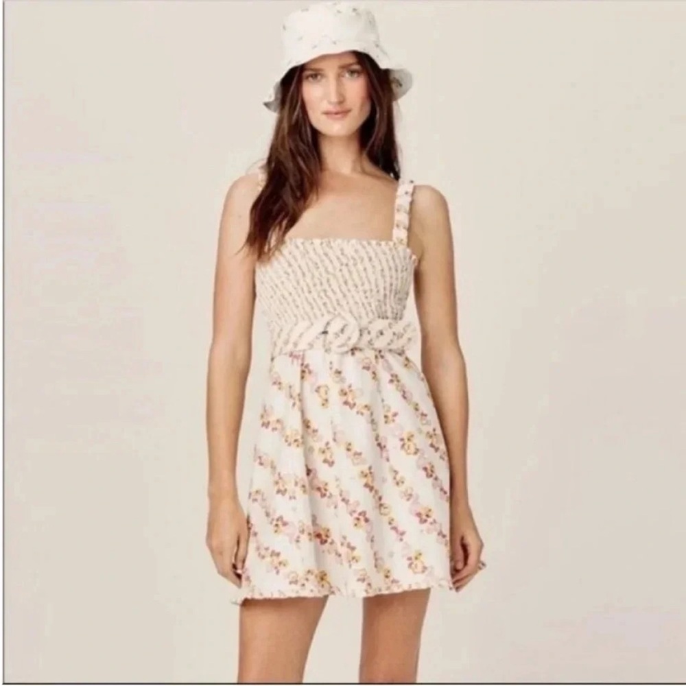 For Love & Lemons Floral Linen Belted Mini Dress